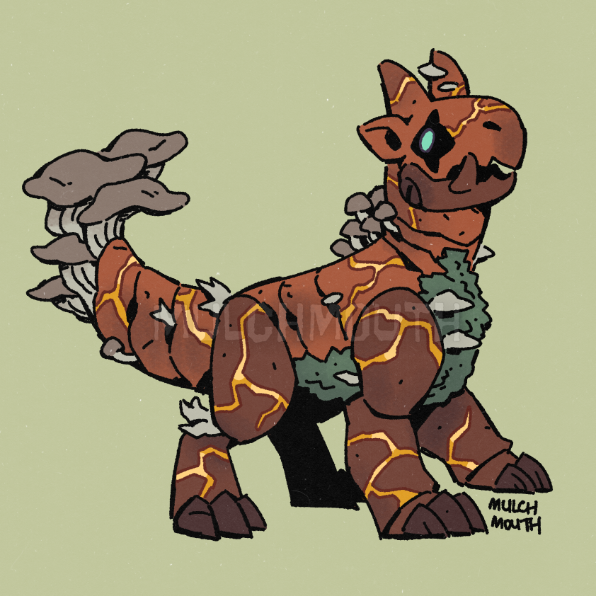 Illustration of a terracotta drake. Mushrooms and lichen grow between the plates and along its belly. Gold runs across the cracks in the drake's body.