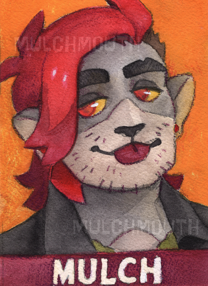 Watercolor portrait of a more human leaning wolf-man with shaggy red hair. Name at the bottom reads Mulch.