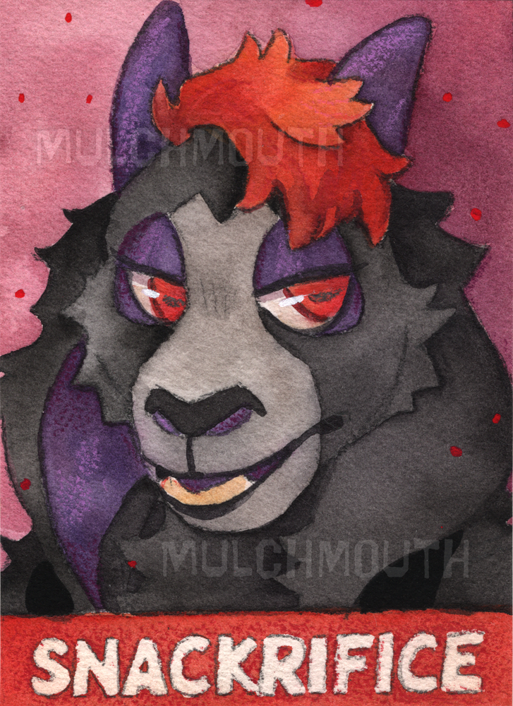 watercolor painting of a black and grey anthro goat with purple horns and red hair. Name at the bottom reads Snackrifice
