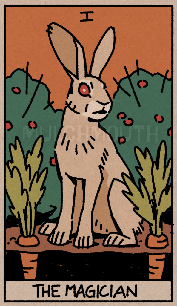 tarot card illustration of a tan rabbit with red eyes.