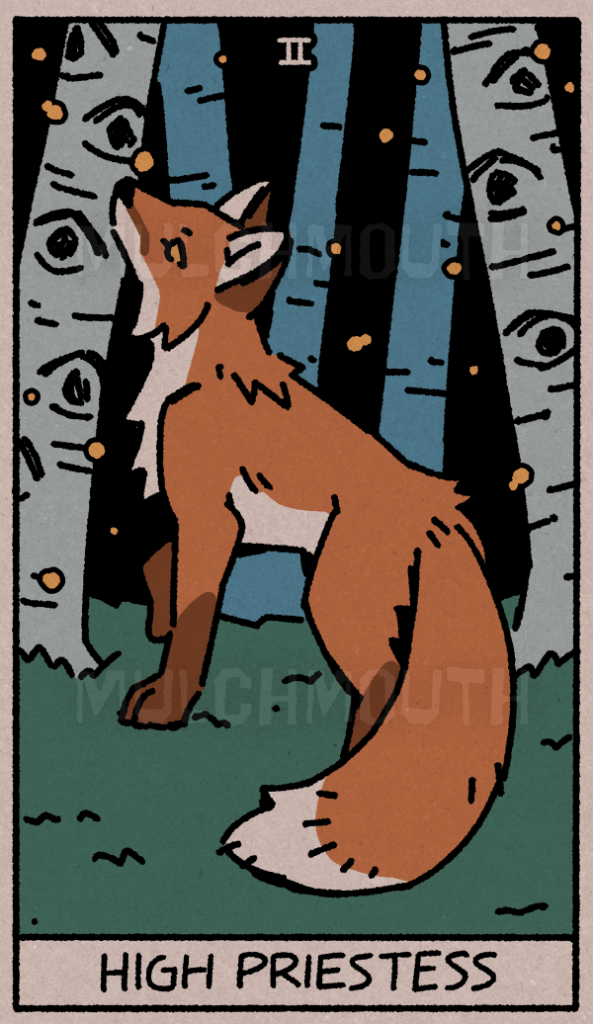 Stylized illustration of a fox in a forest looking upwards at a firefly. The trees in the forest aspen, white, tall, and with eyes on their bark looking outwards.