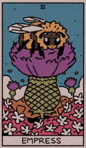 Stylized illustration of a bumble bee sitting a top a giant thistle in a field of wild flowers.
