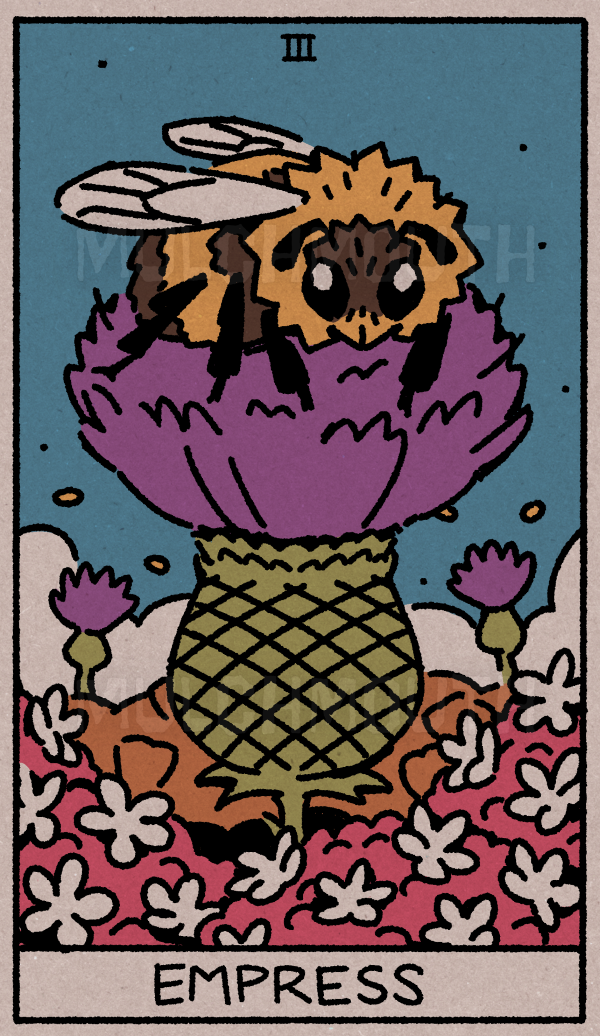 Stylized illustration of a bumble bee sitting a top a giant thistle in a field of wild flowers.